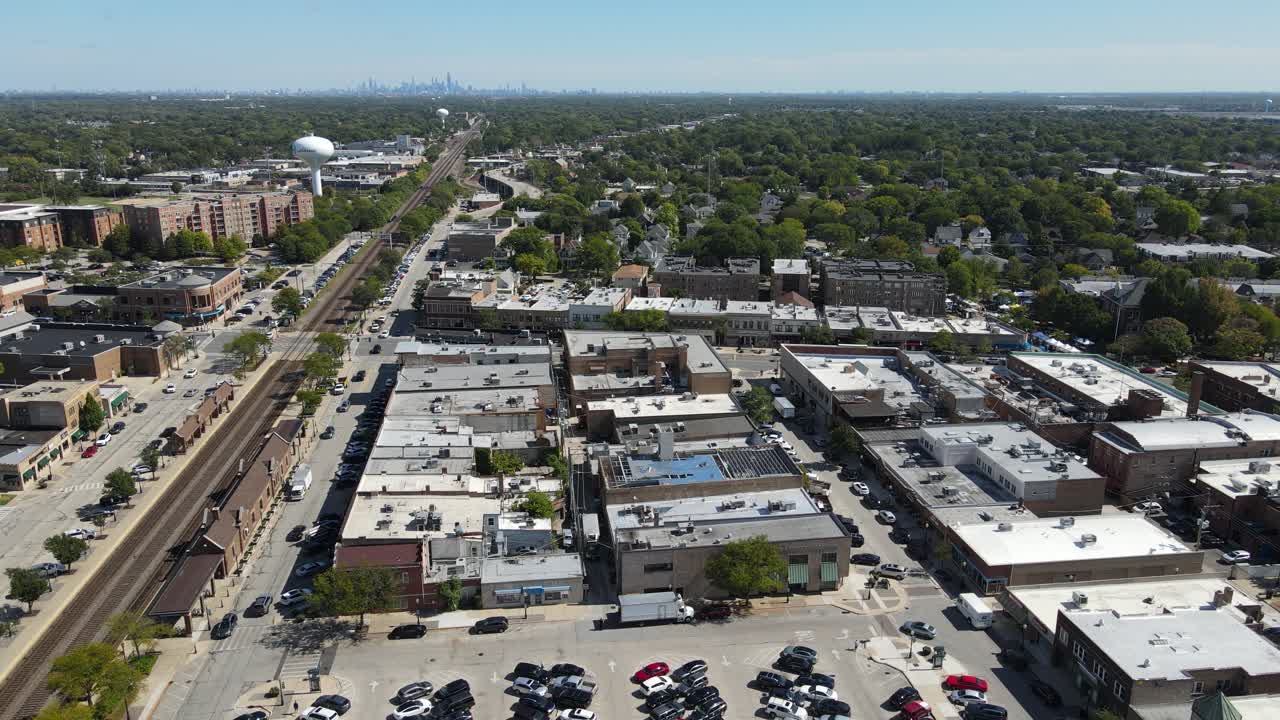 Aerial View of a Suburb with City Skyline in the Background