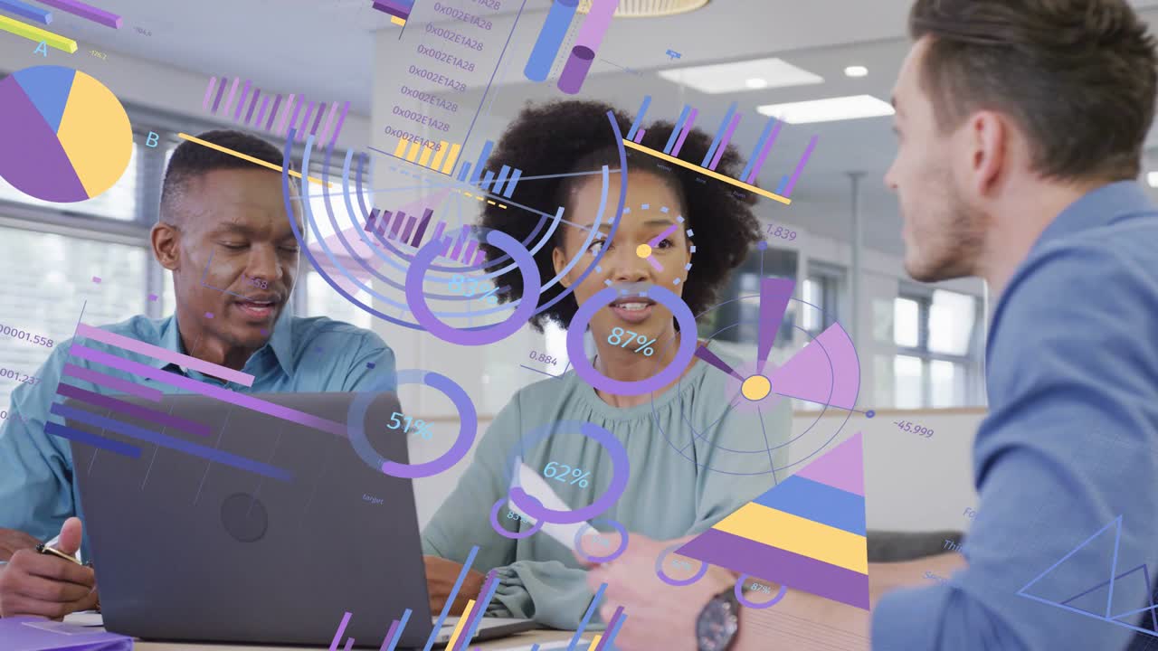 Team reviewing charts and PC woman holding chart starting animated graphs rising over business data