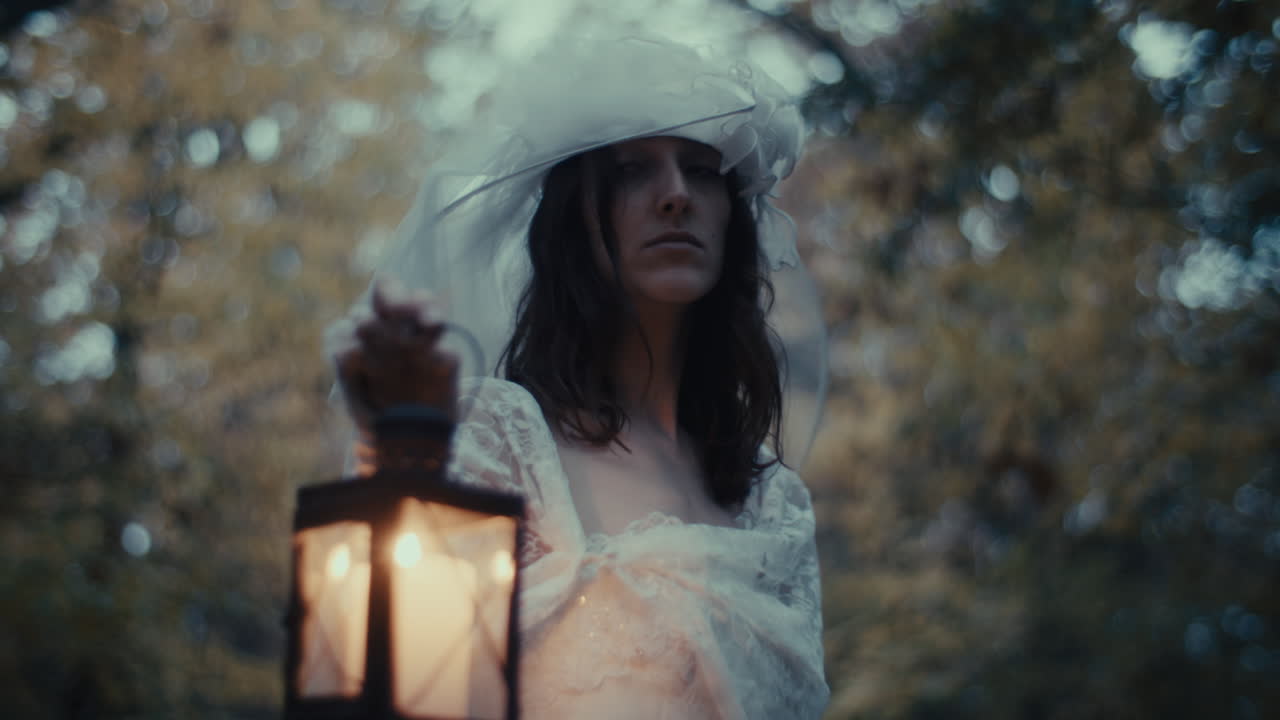 Donna Eterea in abito bianco che tiene una lanterna in una foresta.