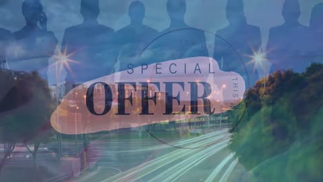 special offer text banner over silhouette of businesspeople against night city traffic