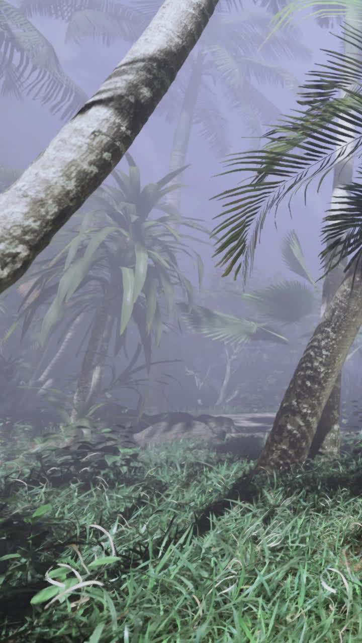 Fitta nebbia copre piante tropicali in una foresta lussureggiante alle prime ore del mattino
