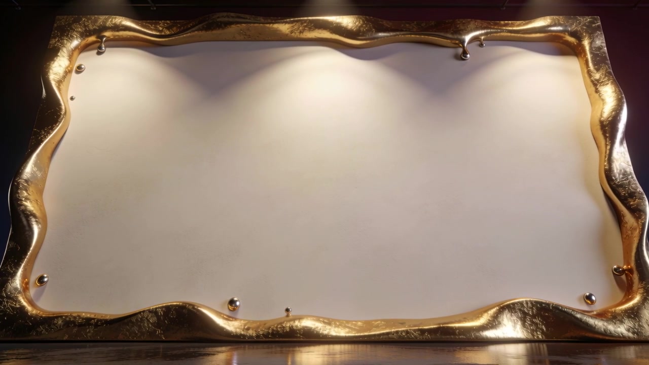Fari a soffitto che si muovono proiettando riflessi dinamici su una cornice dorata in galleria per mettere in mostra borchie