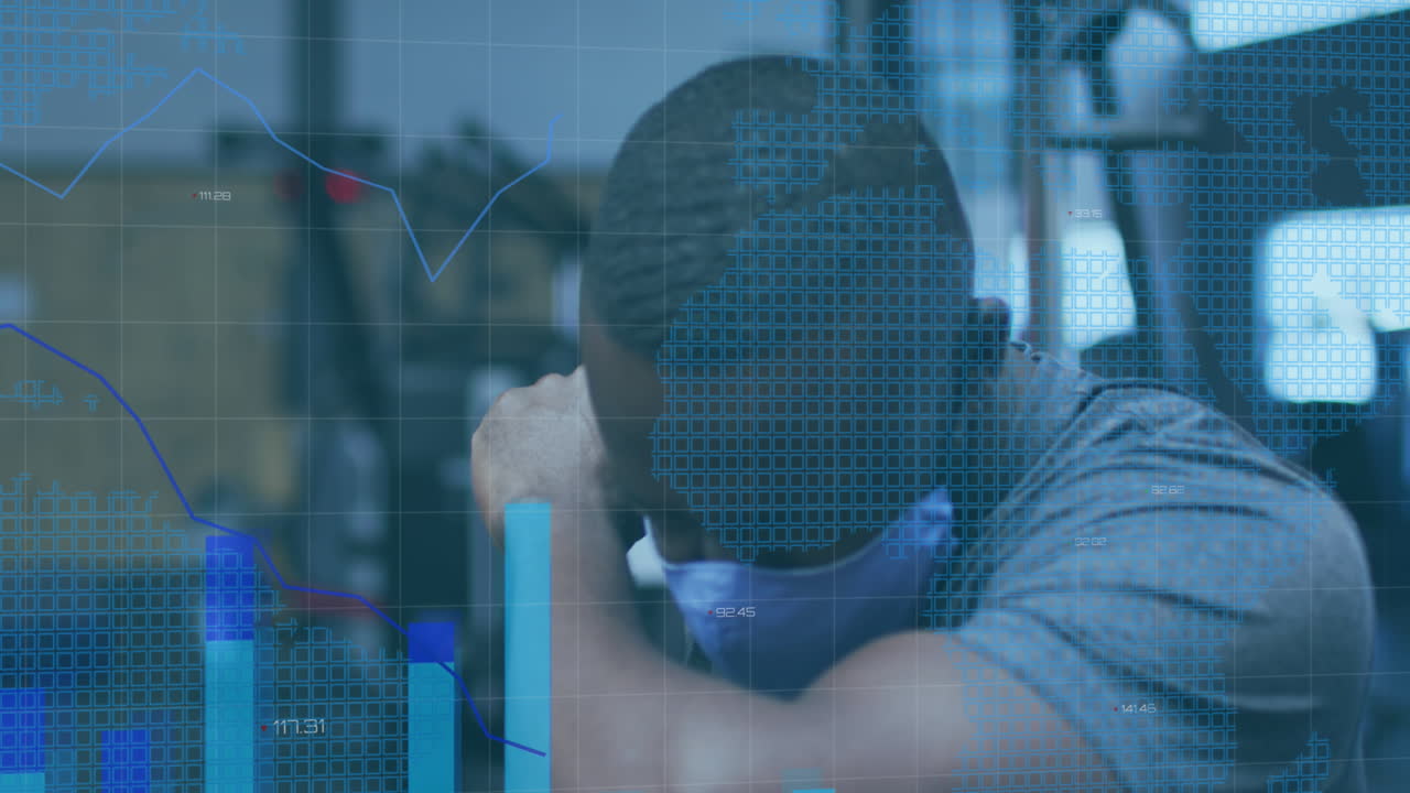 Animation of statistics recording over man in face mask sneezing in gym