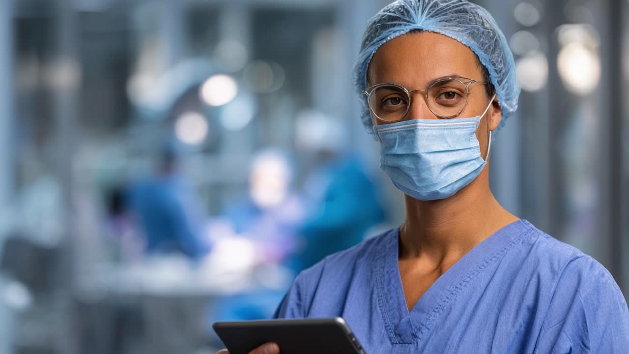 Profissional de Saúde em Trajes Cirúrgicos com Tablet Reflete Compromisso com o Cuidado ao Paciente em um Ambiente de Sala de Cirurgia Moderno