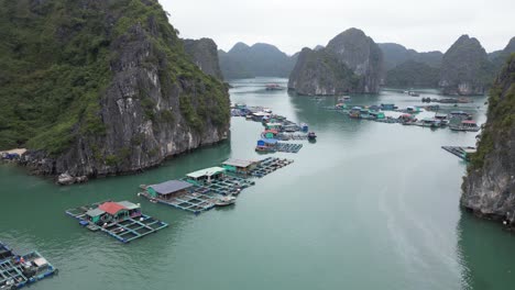 drone-shot-flying-over-floating-fishing-villages-in-Cat-Ba-and-Halong-Bay-in-Northern-Vietnam