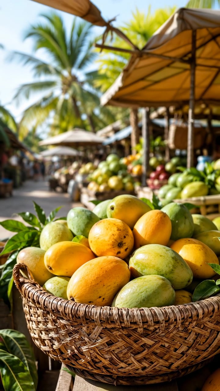 Manghi gialli e verdi riposano in un cesto intrecciato, mentre l'inquadratura si apre su un passaggio di mercato illuminato dal sole con esposizioni di frutta, tende da sole in tela, bancarelle di legno e fogliame di palma sullo sfondo