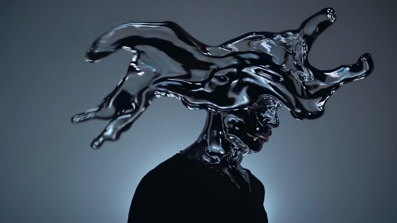 Shiny liquid metal transforming a human face and head creates an artistic, surreal portrait in a studio, reflecting themes of identity and the fusion of human and artificial elements