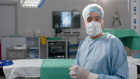 biracial surgeon in an operating room, with copy space