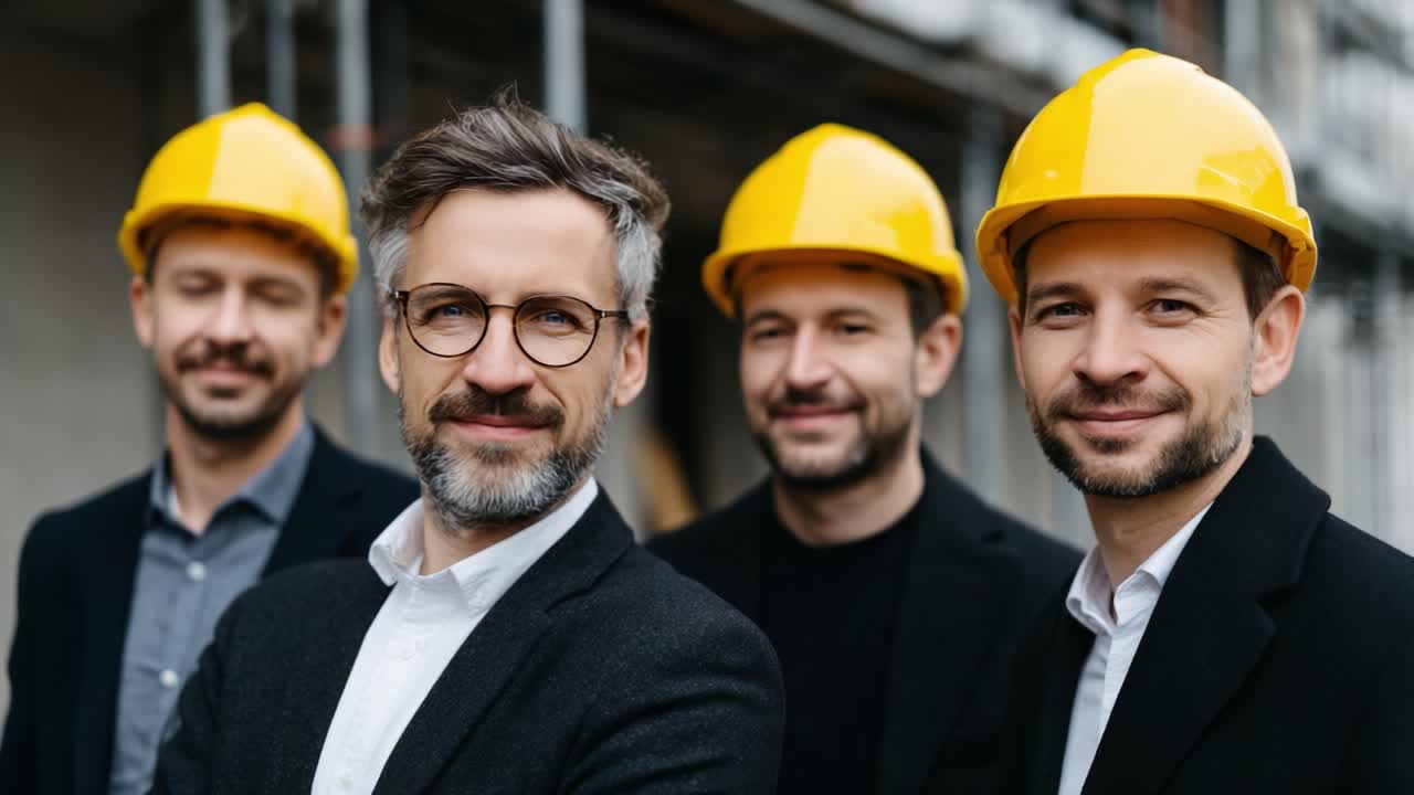 Four Construction Professionals in Hard Hats Pose Confidently on a Construction Site, Showcasing Their Team Spirit and Professionalism in a Collaborative Work Environment