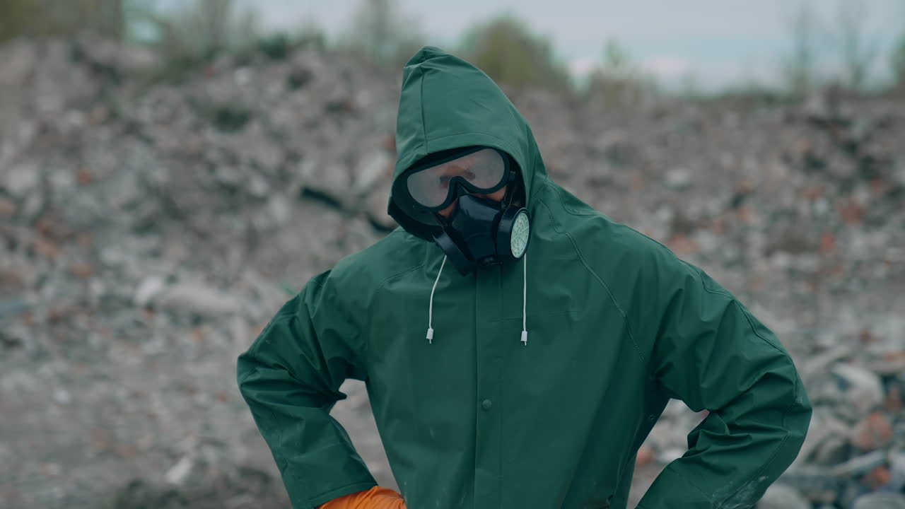 Survivor in post-apocalyptic zone. Man in green safety suit and gas mask and safety gloves standing in ruined place and pointing his finger on camera.
