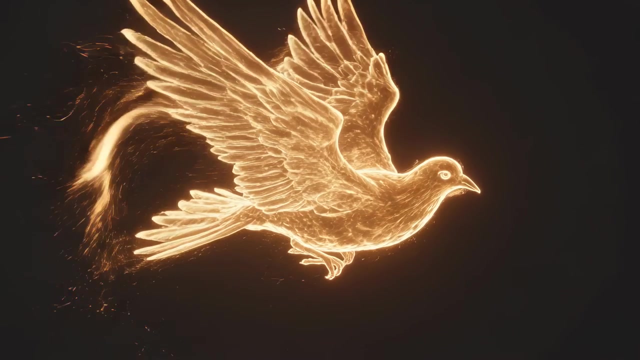 Colomba dorata animata che sbatte le ali da sinistra a destra nell'oscurità, emettendo scintille e un'aura.
