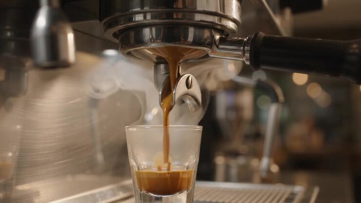 Barista che prepara un caffè espresso fresco in caffetteria