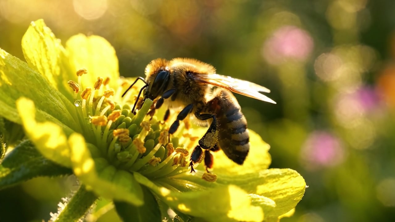 Nahaufnahme einer Honigbiene, die während der goldenen Stunde eine leuchtend gelbe Blume bestäubt, was die komplexe Schönheit der Natur und die Bedeutung der Bienen in Ökosystemen zeigt