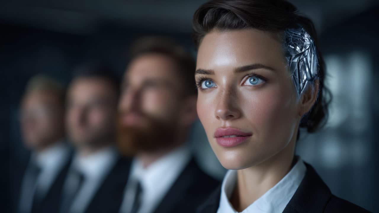 Una donna composta con innesti futuristici è in primo piano, circondata da figure sfocate, mostrando un netto contrasto tra umanità e tecnologia in un ambiente moderno.