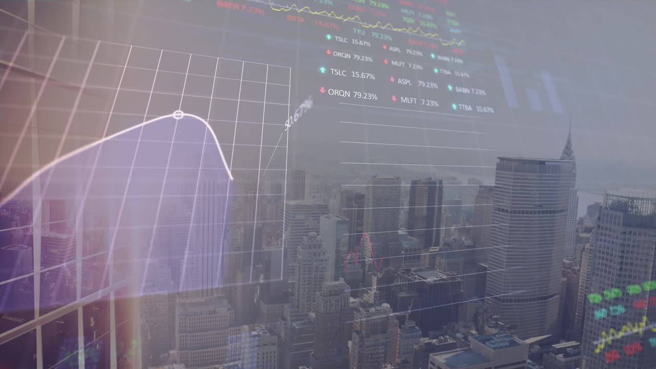 animación del procesamiento de datos estadísticos y bursátiles frente a una vista aérea del paisaje urbano
