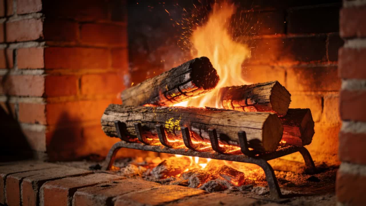 Drei flackernde, brennende Holzscheite senden Funken nach oben in einem gemauerten Kamin auf dem Rost, Asche häuft sich an.