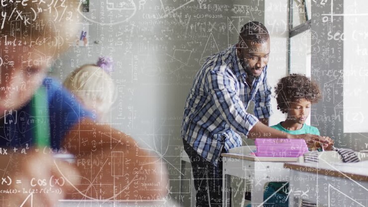 Animation of mathematical equations over african american male teacher teaching a boy at school