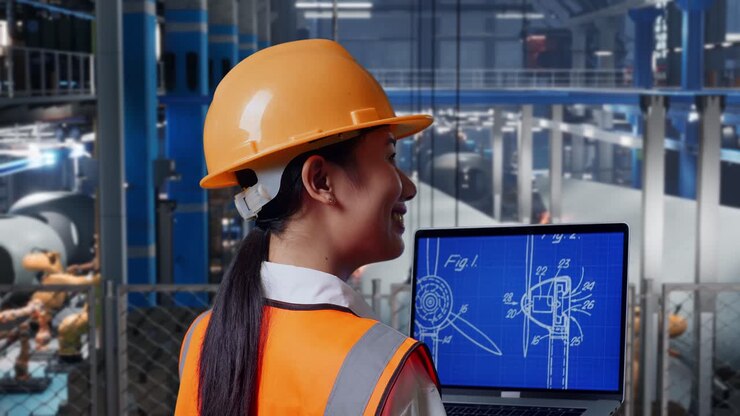 Engineer Reviewing Wind Turbine Blueprint in Industrial Facility