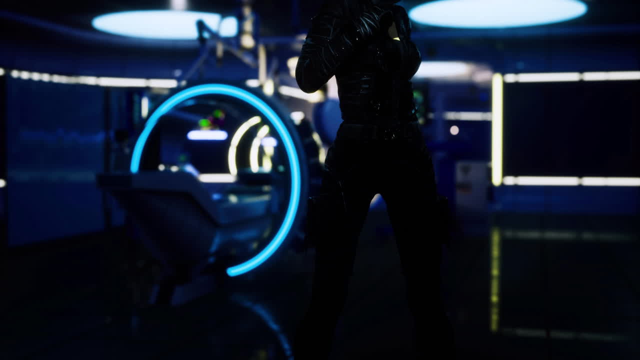 High tech laboratory with a mysterious figure in a futuristic setting