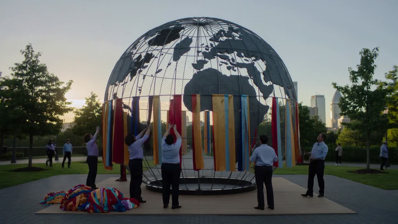 Equipe de montagem drapeando painéis de tecido multicoloridos através de uma estrutura de globo na praça, vestindo camisas claras