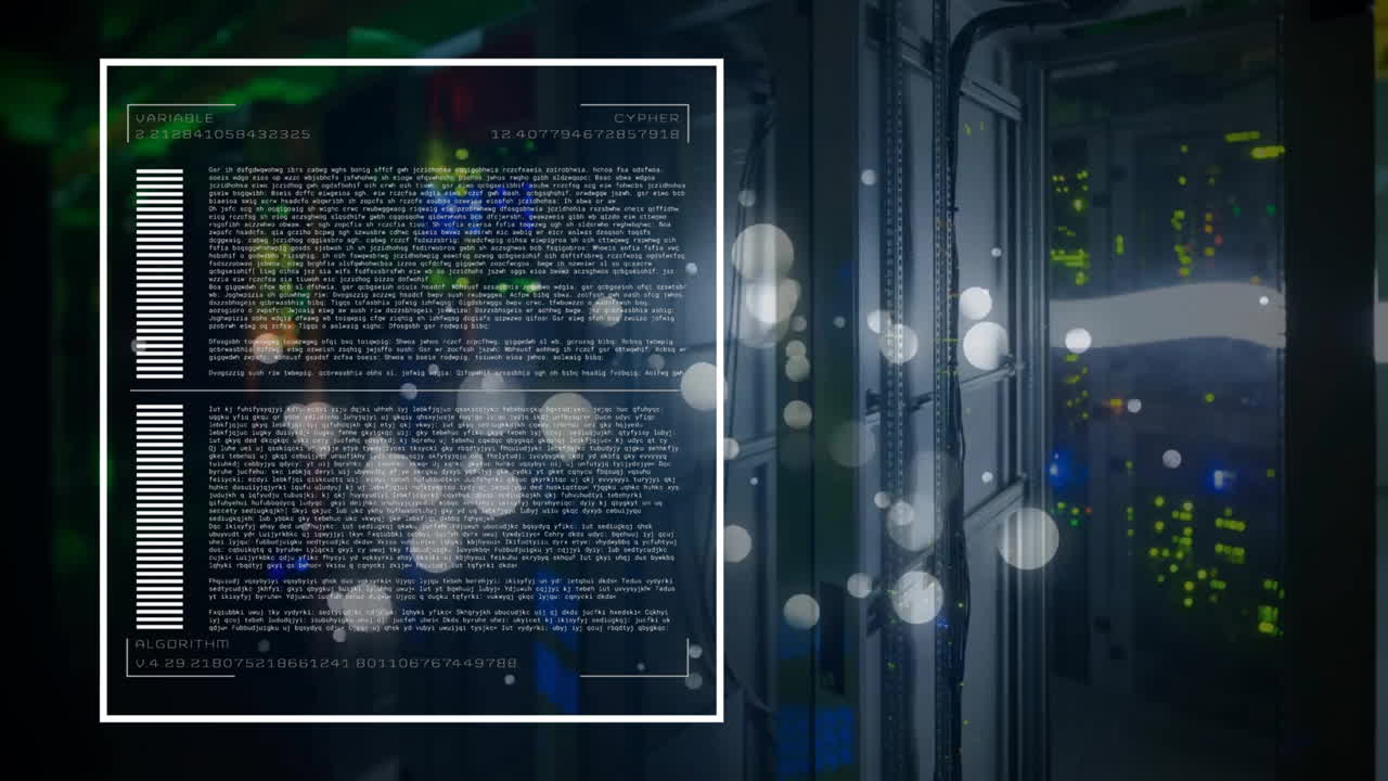 Animation of data processing and light spots over server room on black background