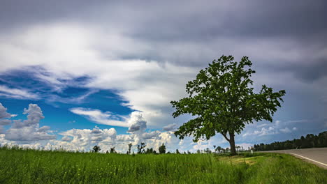 countryside field road panoramic view with clouds in time lapse