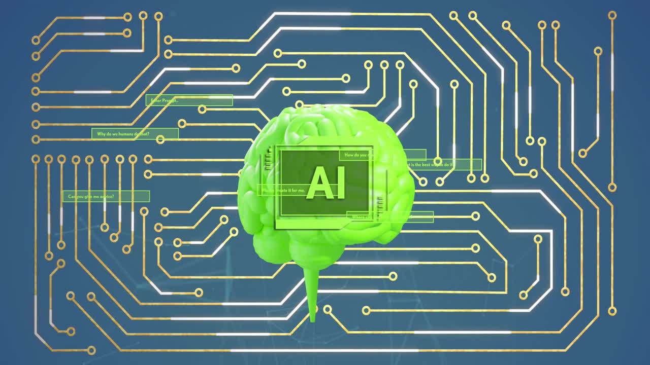 ai 텍스트, 인간 뇌 및 데이터 처리와 함께 회로판의 애니메이션