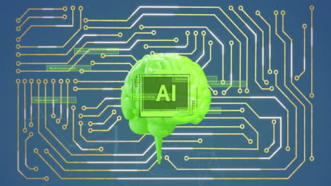 animation of ai text, human brain and circuit board with data processing
