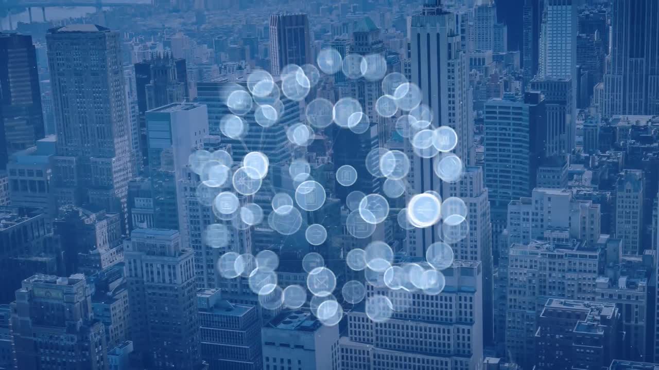 都市風景の上でオンラインで形成されたグローブのアニメーションデジタルアイコン