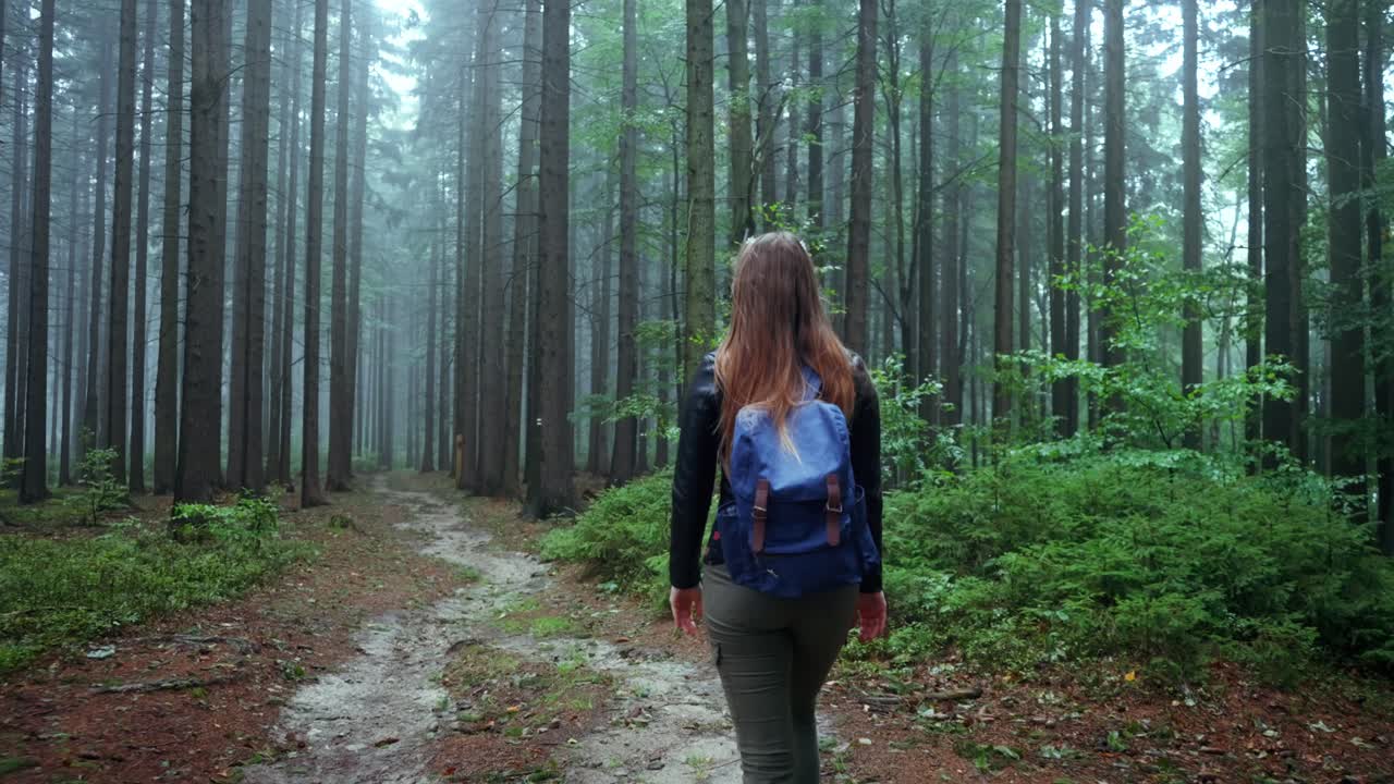 disparo trasero de una niña con mochila caminando por un camino de madera rural en un bosque salvaje