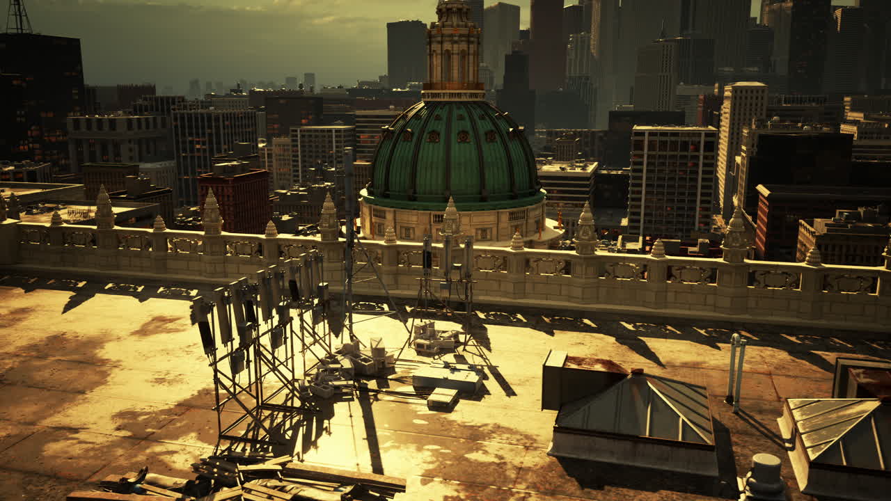 지붕에서 도시 스카이라인의 파노라마 뷰