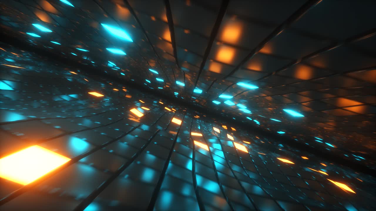 Flying in endless space of neon and metal cubes