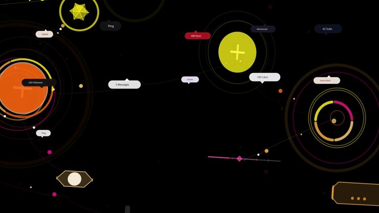 On load large orange multi-ringed node pulsing, sending dots and sliding labels showing updates
