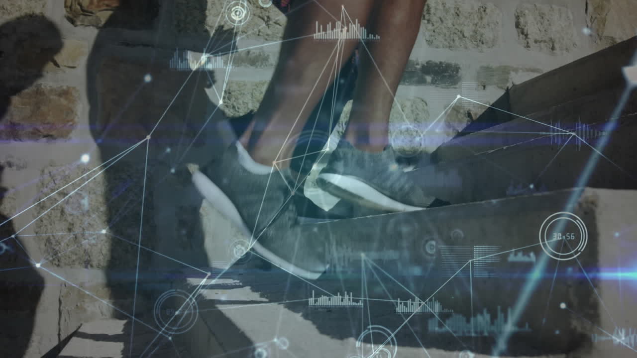 계단을 올라가는 두 인종 커플의 낮은 부분에 대한 연결 네트워크