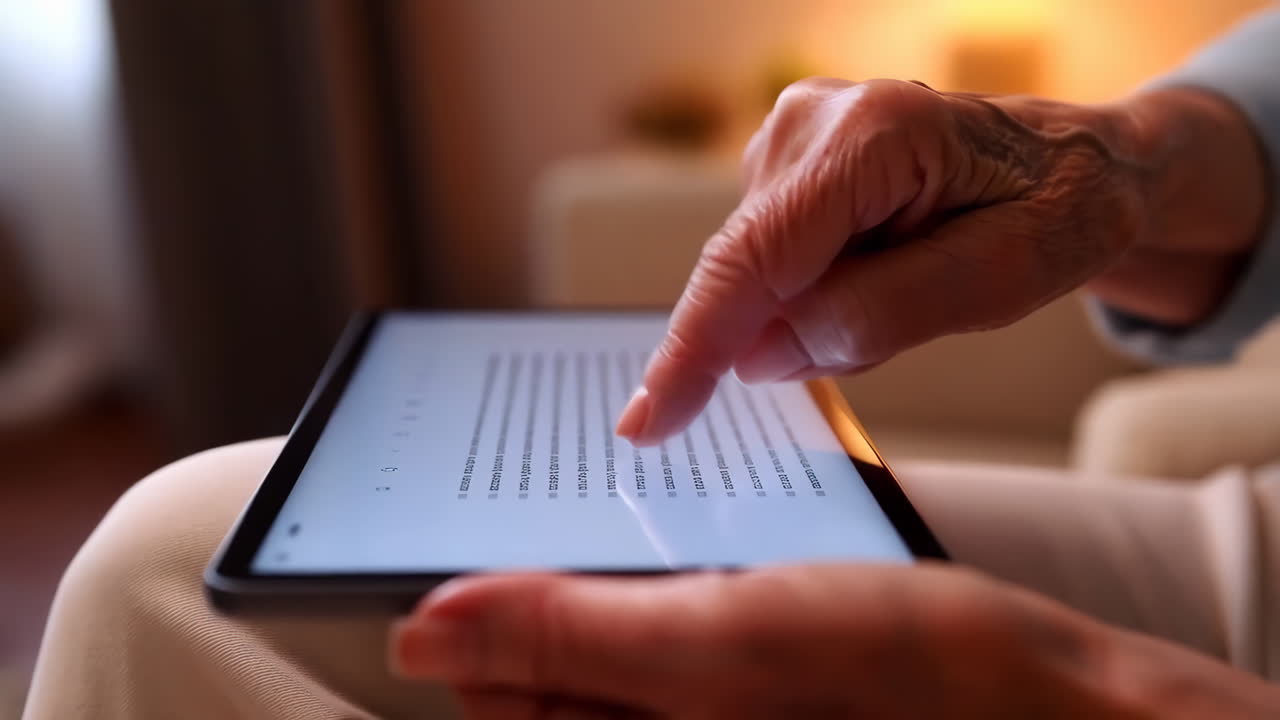 Elderly Person Using a Tablet to Read Digital Content