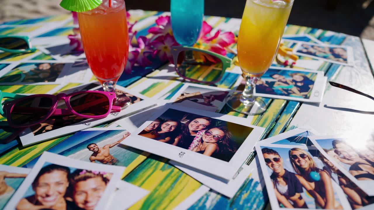 Instant photos depicting friends and family enjoying summer vacation scattered on a colorful beach table with tropical cocktails and sunglasses, evoking cherished memories and carefree moments