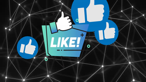 animation of network of connections and social media thumbs up over black background