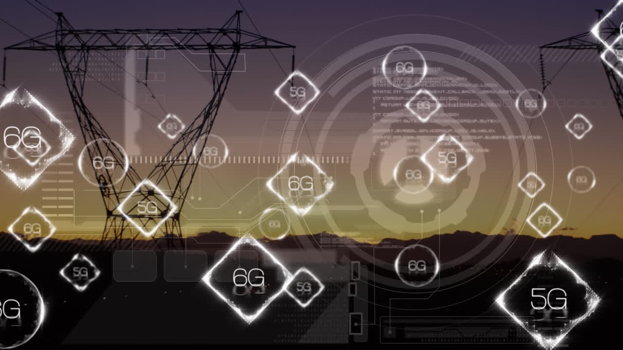 Animation of network of 6g and 5g text over landscape with electric pylons