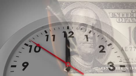 animation of clock ticking over burning american dollar currency banknote