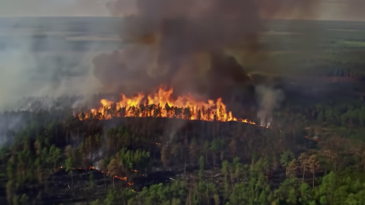 Intense Forest Fire Engulfs Landscape, Creating Thick Smoke Plumes and Devastating Natural Habitats in a Dramatic Display of Nature's Fury