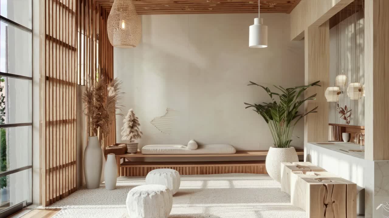 Modern minimalist interior with natural light, featuring wooden accents and plants
