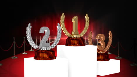 animation of first, second and third place award trophies at winners' prize giving ceremony