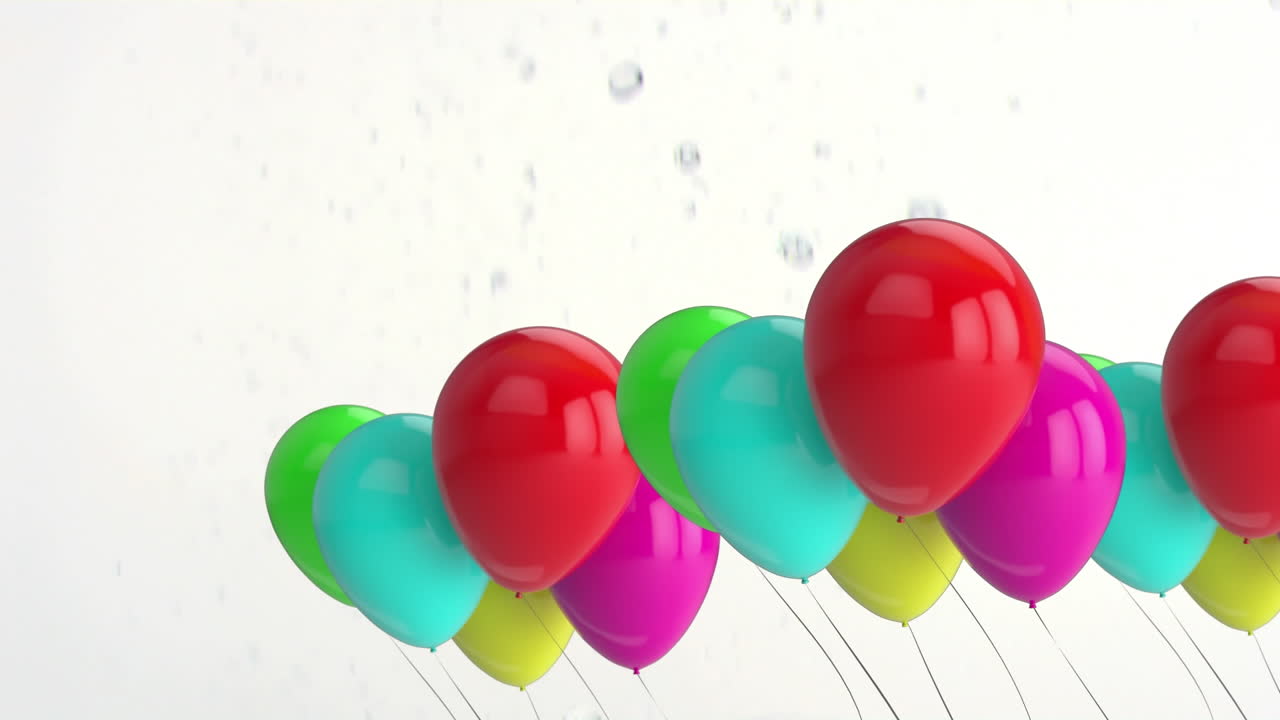 animación de diamantes sin cortar que caen sobre globos de colores, sobre un fondo blanco