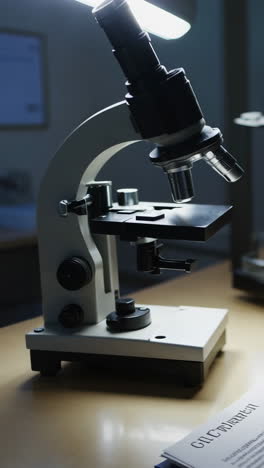 laboratory scene with microscope, documents, and samples