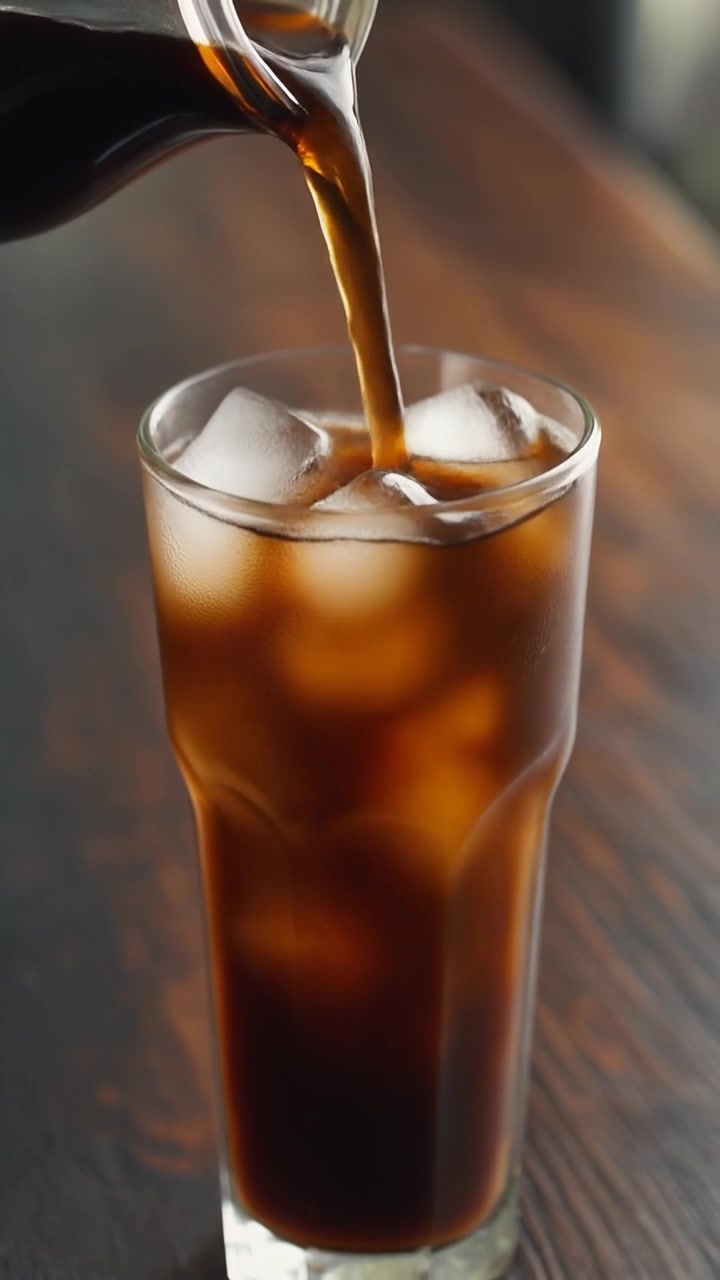 Fresh cold brew coffee pouring into a tall glass filled with ice cubes on a wooden table in a cafe setting.