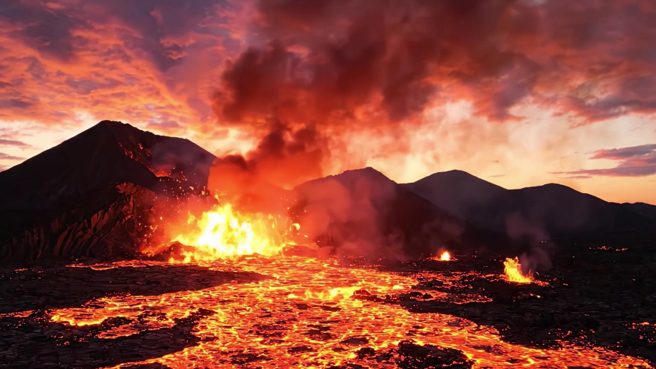 夕焼け時の壮大な噴火：活火山から溶岩が流れ出し、暗い空を燃えるような輝きで照らし、山々の上高く噴煙が舞い上がる畏敬の念を抱かせる眺め