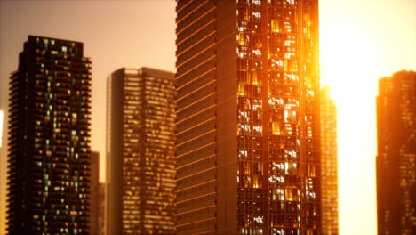 sunset aerial shot of skyscrapers of business centre