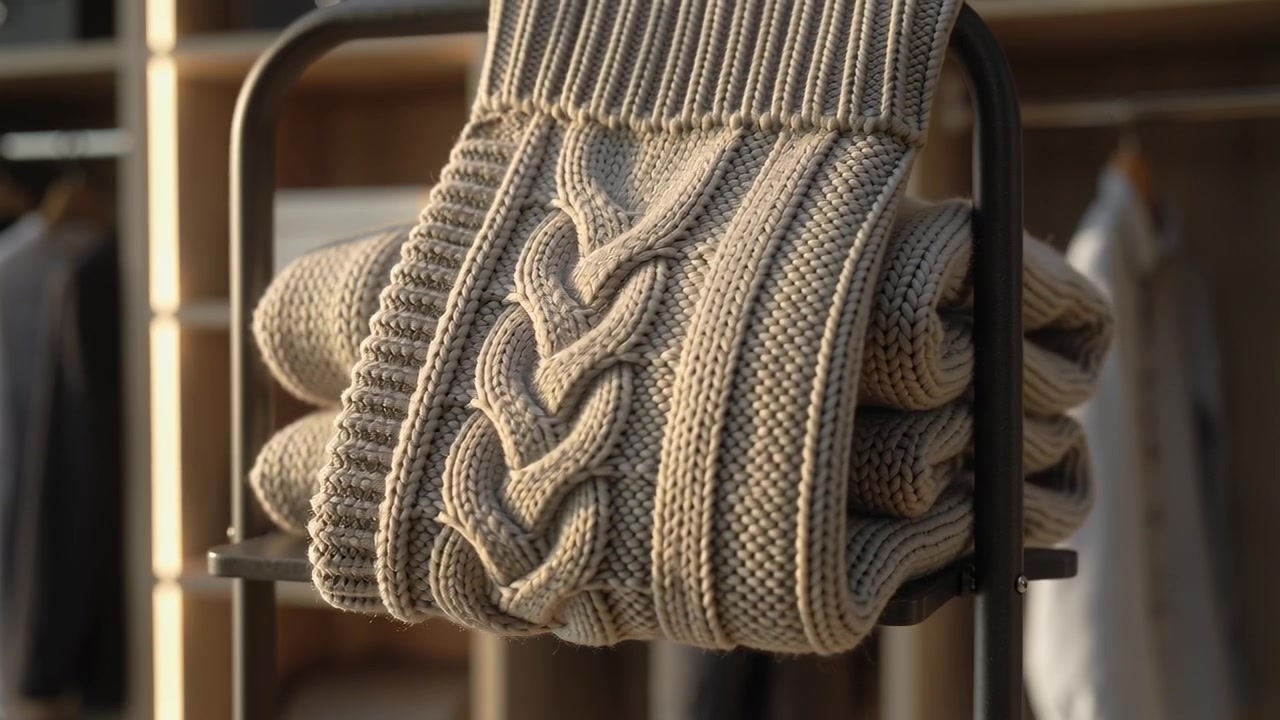 Ripresa panoramica che rivela un maglione a trecce beige piegato su uno scaffale metallico in un armadio, mostrando la lavorazione a trecce