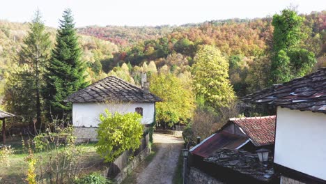 Herbstszenische-Traditionelle-Bulgarische-Idyllische-Walddorf-Drohnenaufnahme