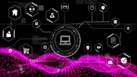 Animation-Eines-Verbindungsnetzwerks-Mit-Symbolen-Und-Datenverarbeitung-über-Punkten-Auf-Schwarzem-Hintergrund